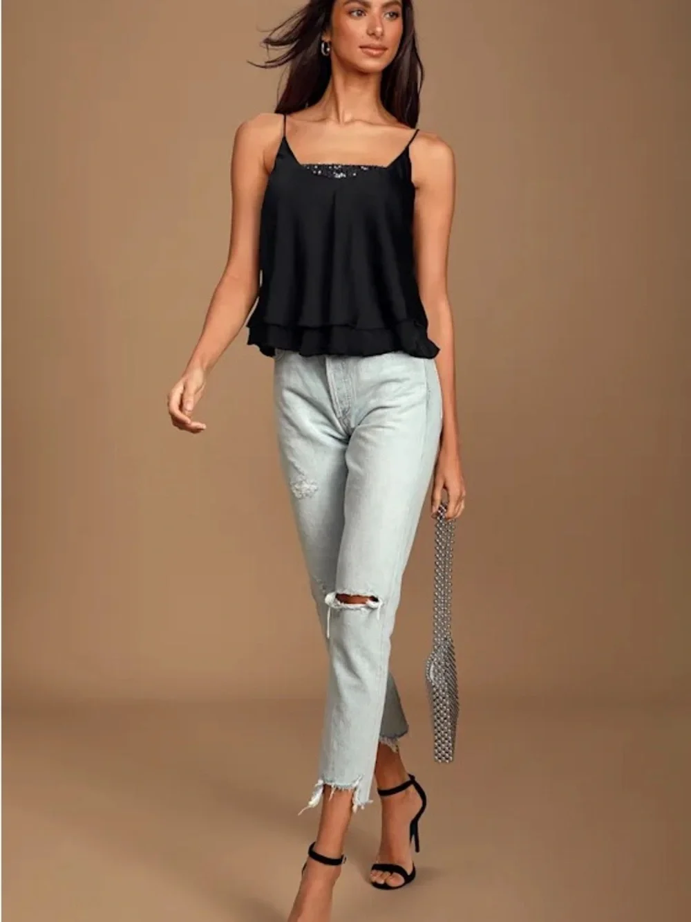 Free People Turn It On Black Sequin Trim Layered Cami Top - Picture 2 of 5